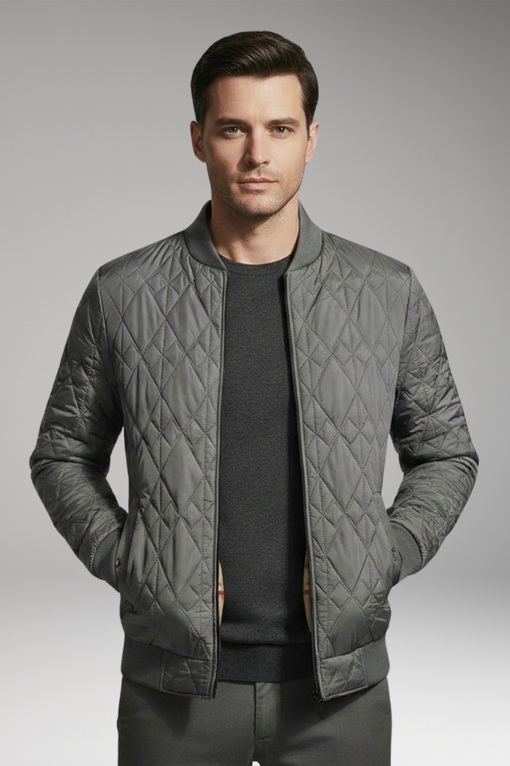Men's Padded Bomber Jacket with Check Pattern and Side Pockets