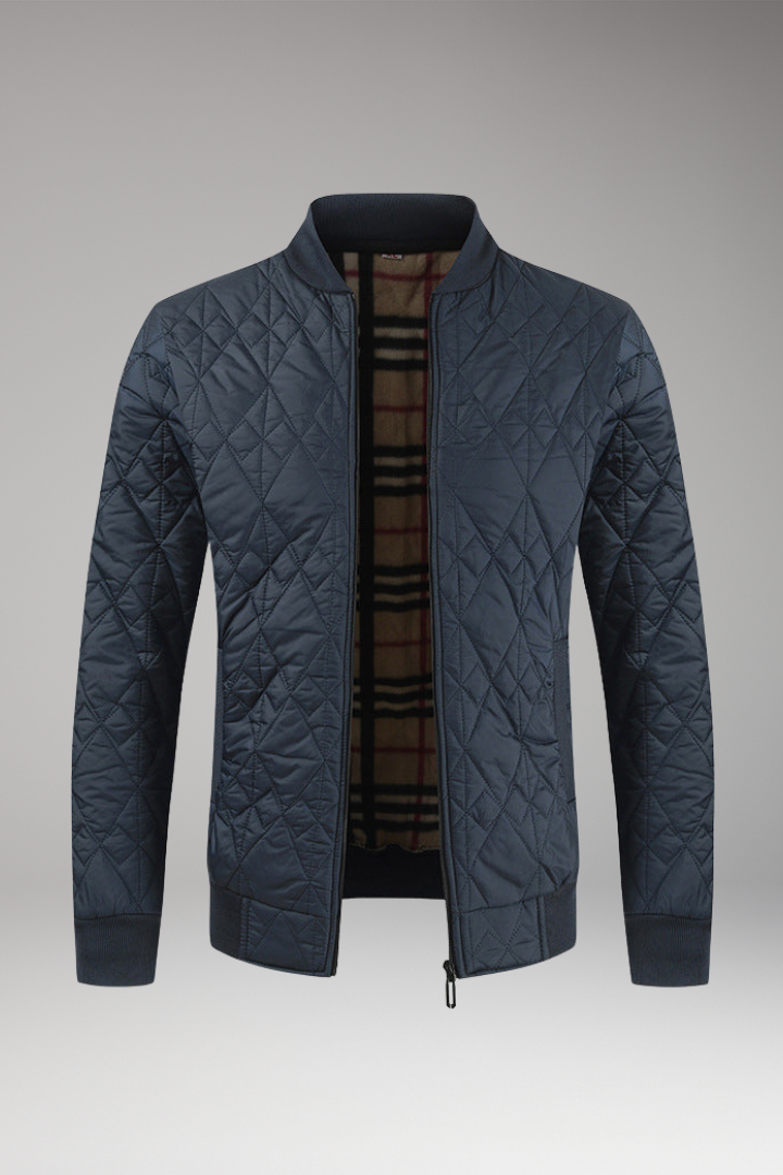 Men's Padded Bomber Jacket with Check Pattern and Side Pockets