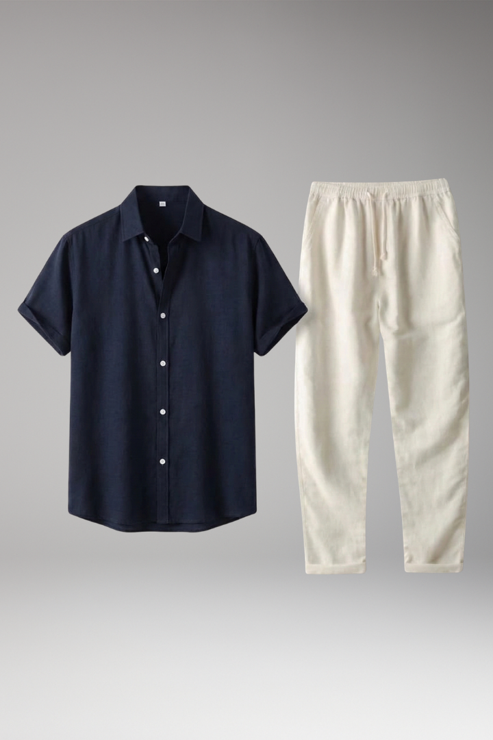 Men's Pajama Set with Button-Down Shirt and Drawstring Waistband