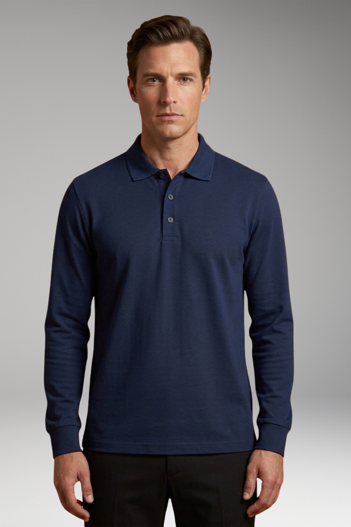 Men's Polo Shirt with Buttoned Collar and Long Sleeves