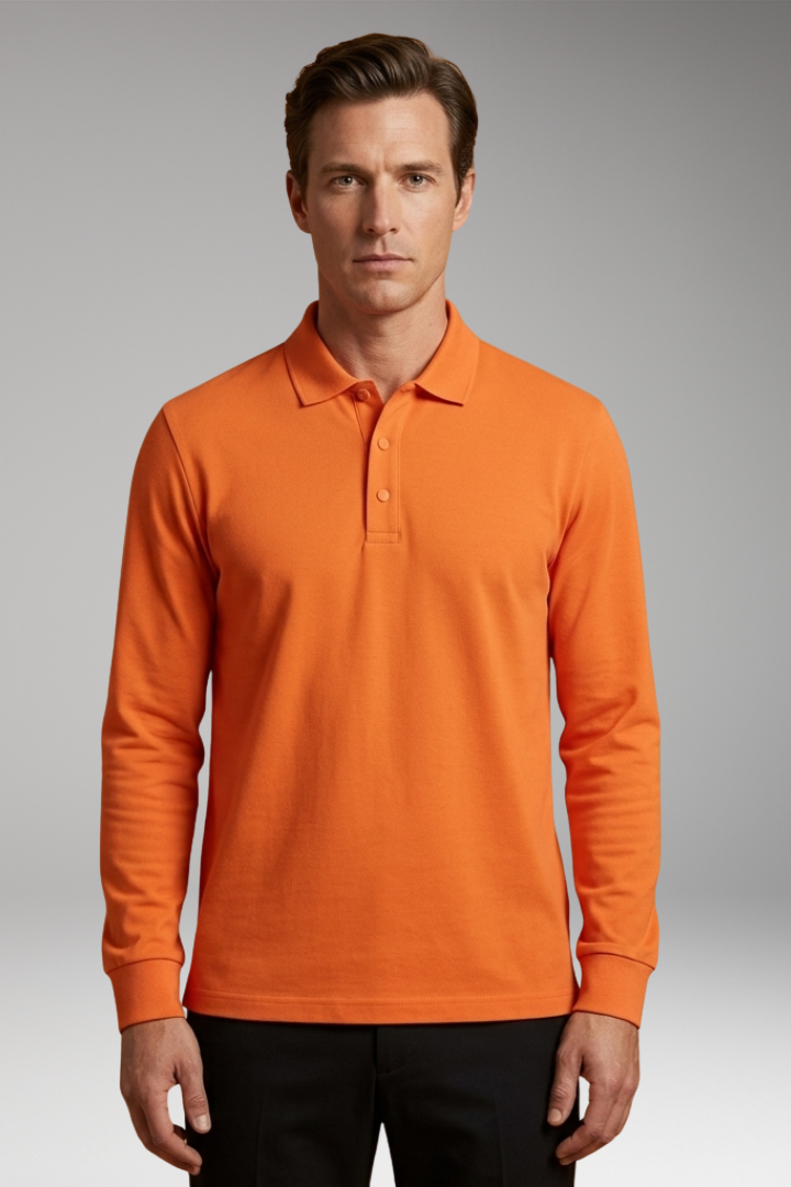 Men's Polo Shirt with Buttoned Collar and Long Sleeves