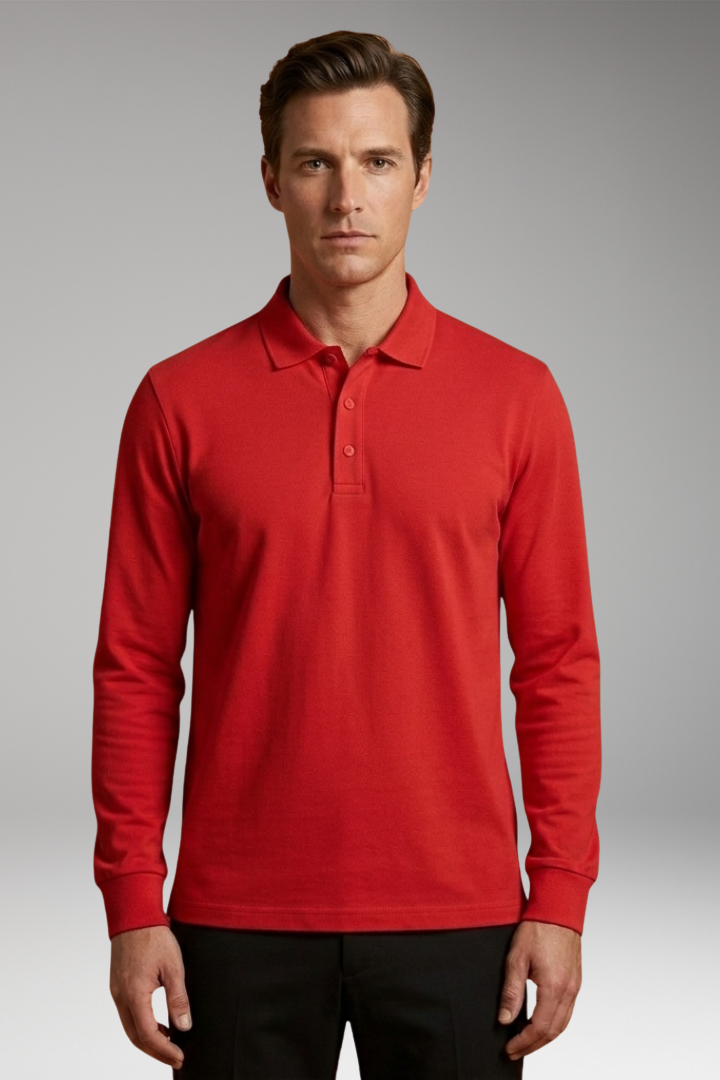 Men's Polo Shirt with Buttoned Collar and Long Sleeves