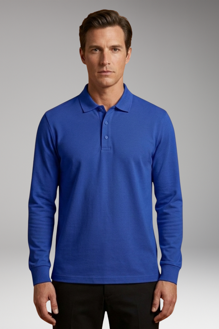 Men's Polo Shirt with Buttoned Collar and Long Sleeves