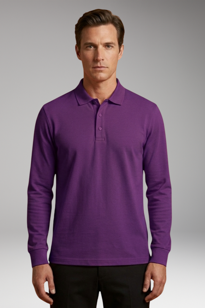 Men's Polo Shirt with Buttoned Collar and Long Sleeves