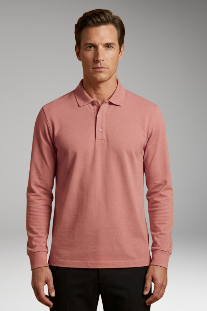 Men's Polo Shirt with Buttoned Collar and Long Sleeves