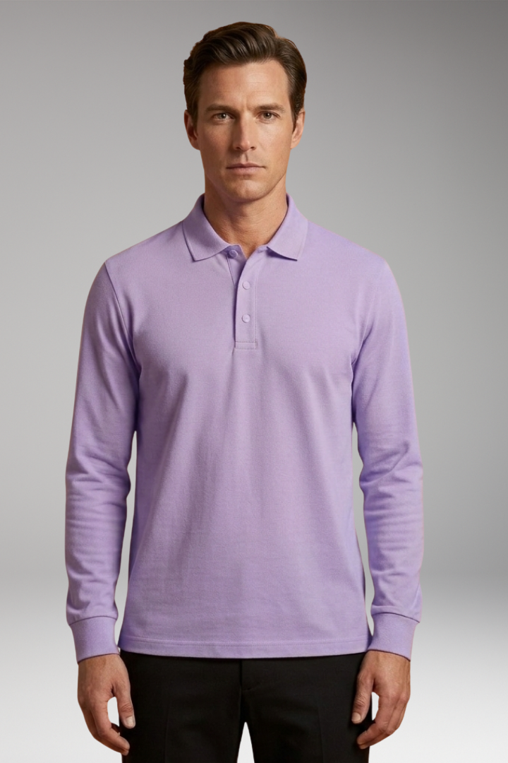 Men's Polo Shirt with Buttoned Collar and Long Sleeves