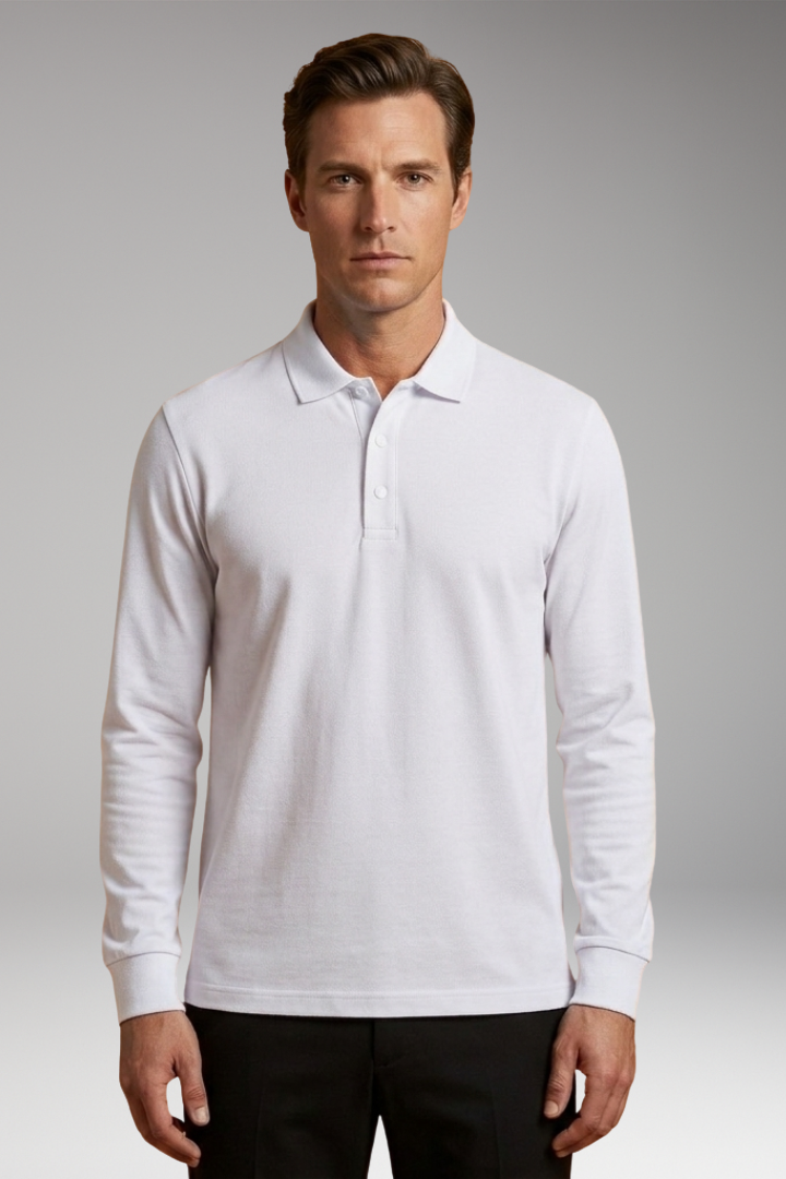 Men's Polo Shirt with Buttoned Collar and Long Sleeves