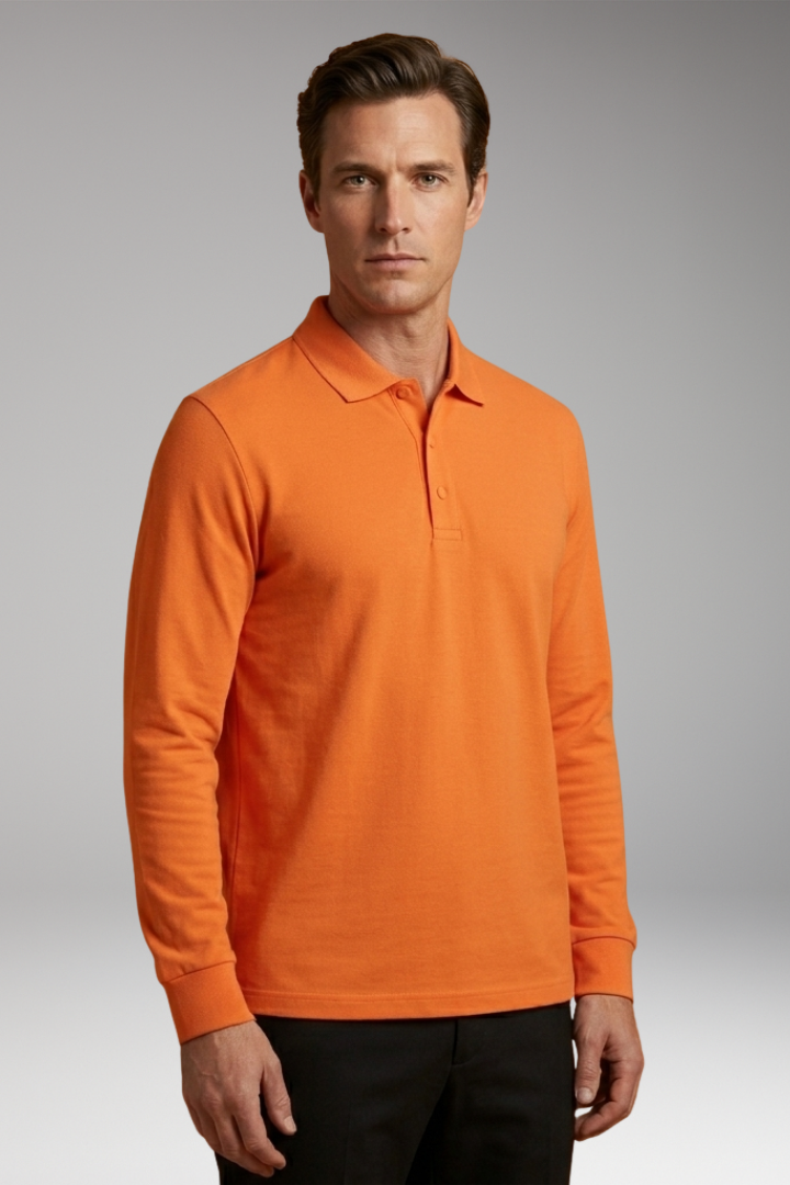 Men's Polo Shirt with Buttoned Collar and Long Sleeves