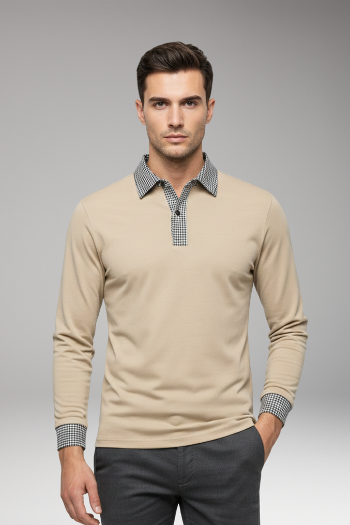Men's Polo Shirt with Contrasting Collar and Woven Cuffs