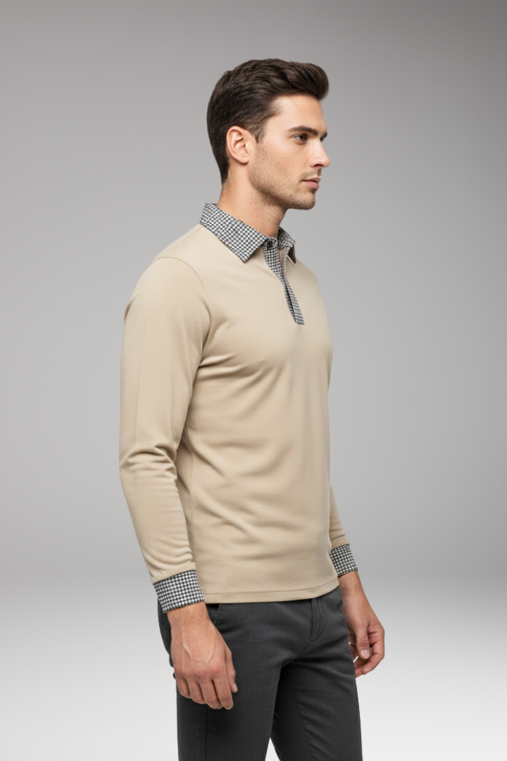 Men's Polo Shirt with Contrasting Collar and Woven Cuffs