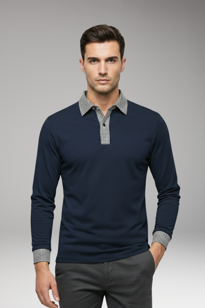 Men's Polo Shirt with Contrasting Collar and Woven Cuffs