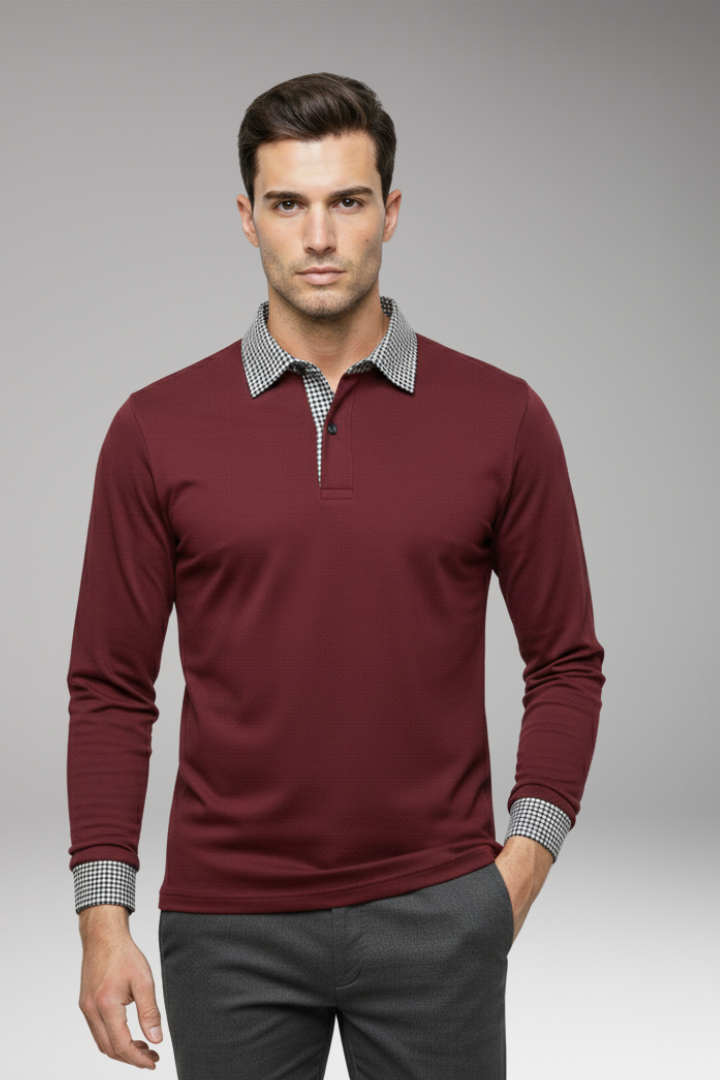 Men's Polo Shirt with Contrasting Collar and Woven Cuffs