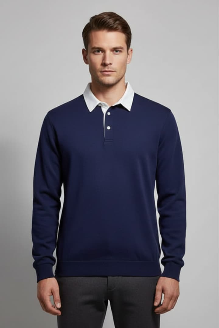 Men’s Polo Sweater with Turn-Down Collar and Long Sleeves