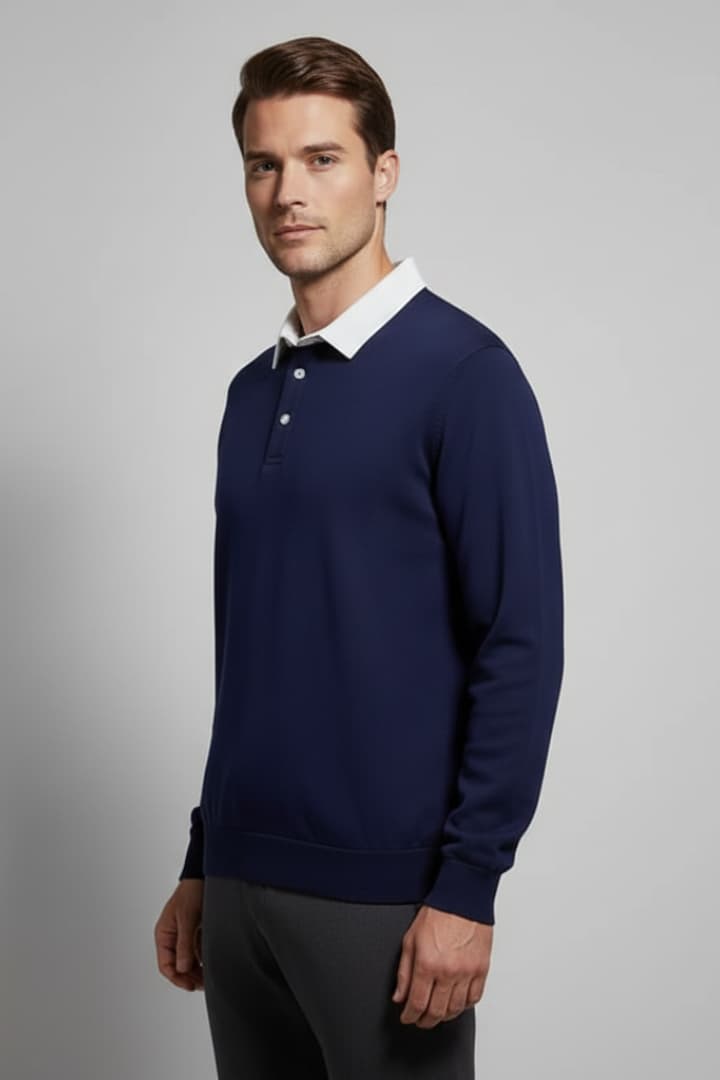 Men’s Polo Sweater with Turn-Down Collar and Long Sleeves