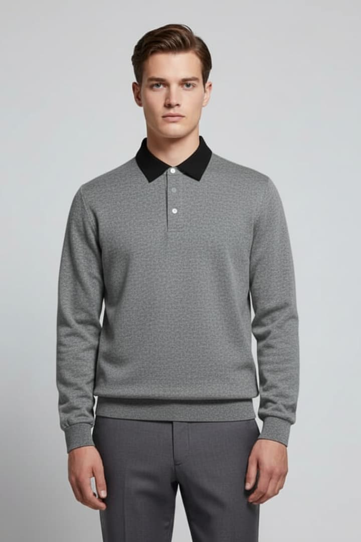 Men’s Polo Sweater with Turn-Down Collar and Long Sleeves