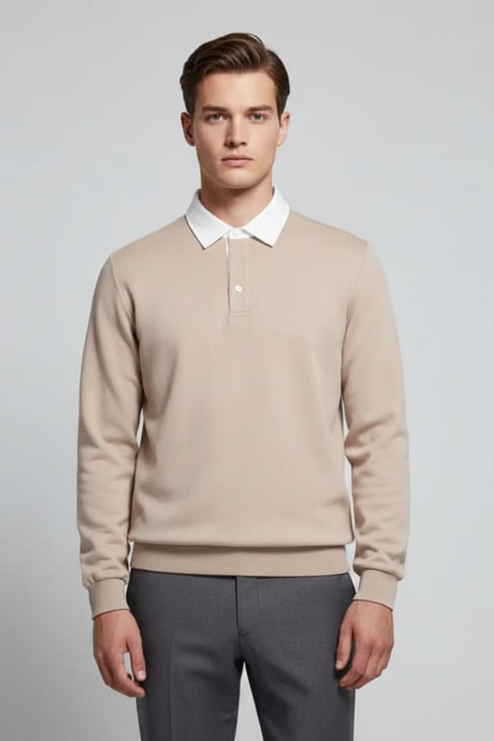Men’s Polo Sweater with Turn-Down Collar and Long Sleeves