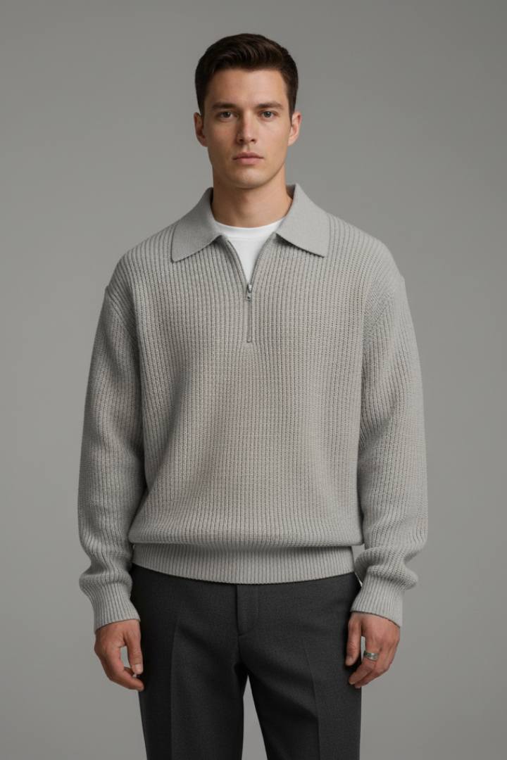 Men's Quarter-Zip Sweater with Jacquard Knit and Straight Fit