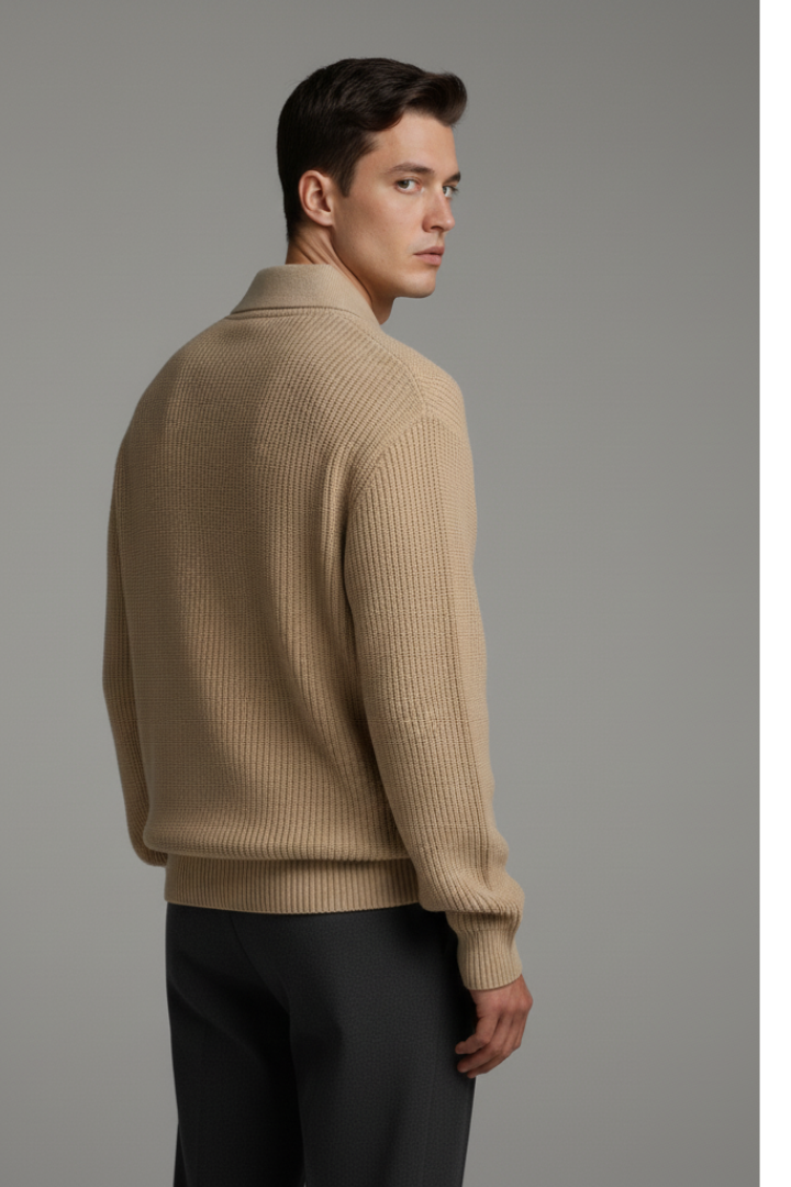 Men's Quarter-Zip Sweater with Jacquard Knit and Straight Fit