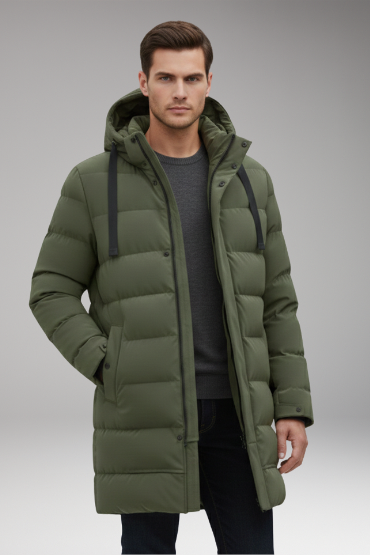 Men's Quilted Coat with Hood and Front Zipper