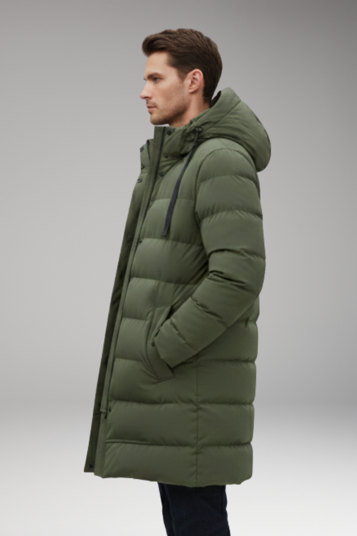 Men's Quilted Coat with Hood and Front Zipper