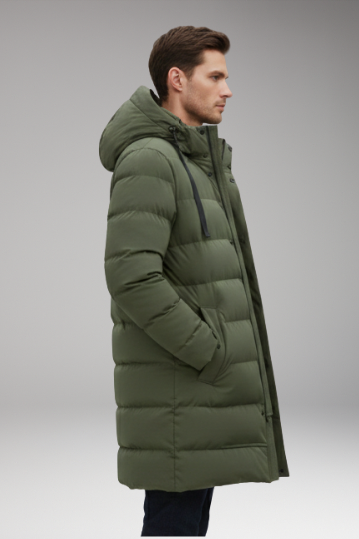 Men's Quilted Coat with Hood and Front Zipper