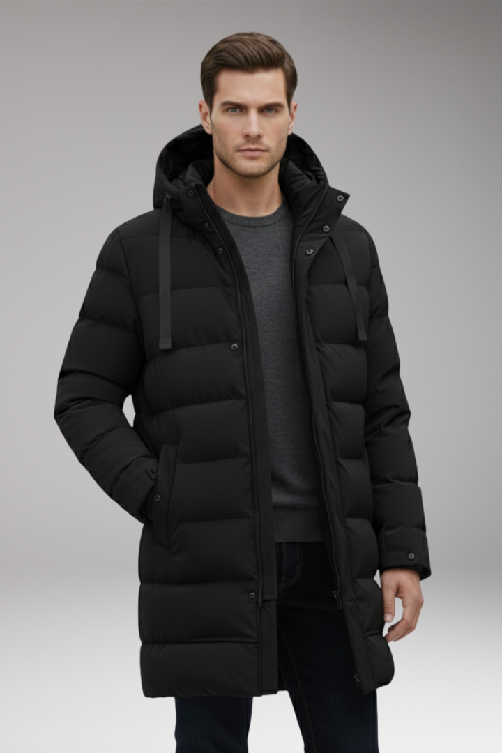 Men's Quilted Coat with Hood and Front Zipper
