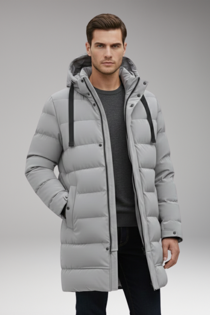 Men's Quilted Coat with Hood and Front Zipper