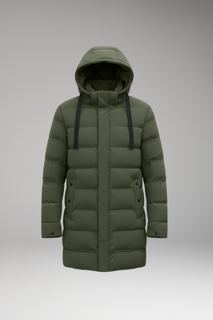 Men's Quilted Coat with Hood and Front Zipper