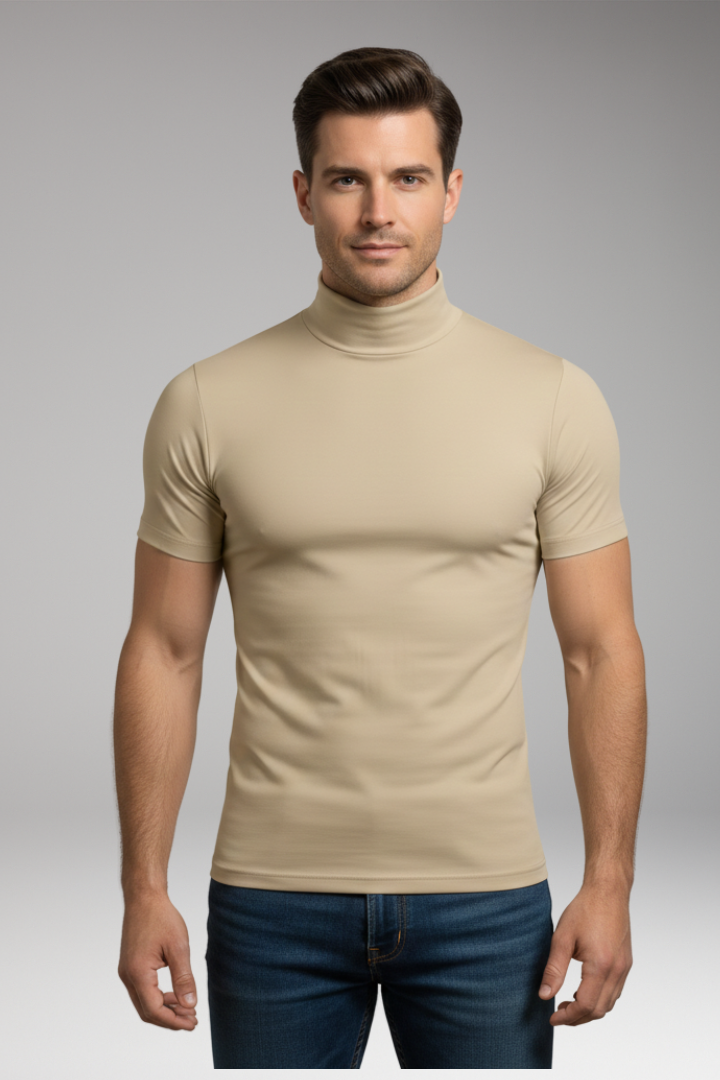 Men's Roll-Neck Shirt with Slim Fit and Short Sleeves