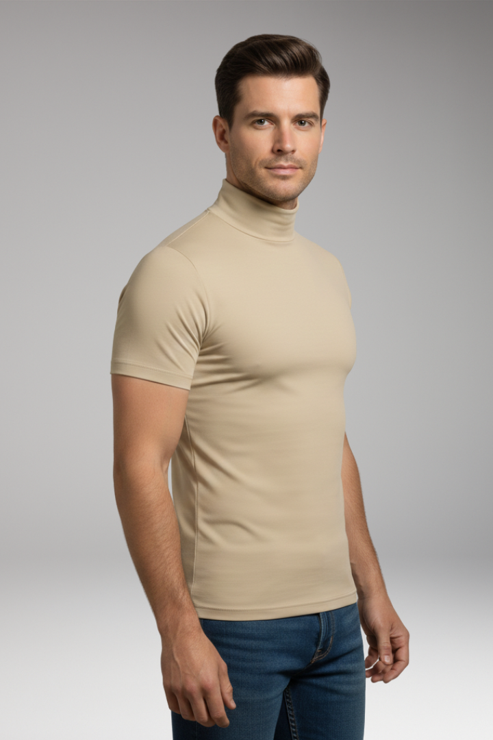 Men's Roll-Neck Shirt with Slim Fit and Short Sleeves