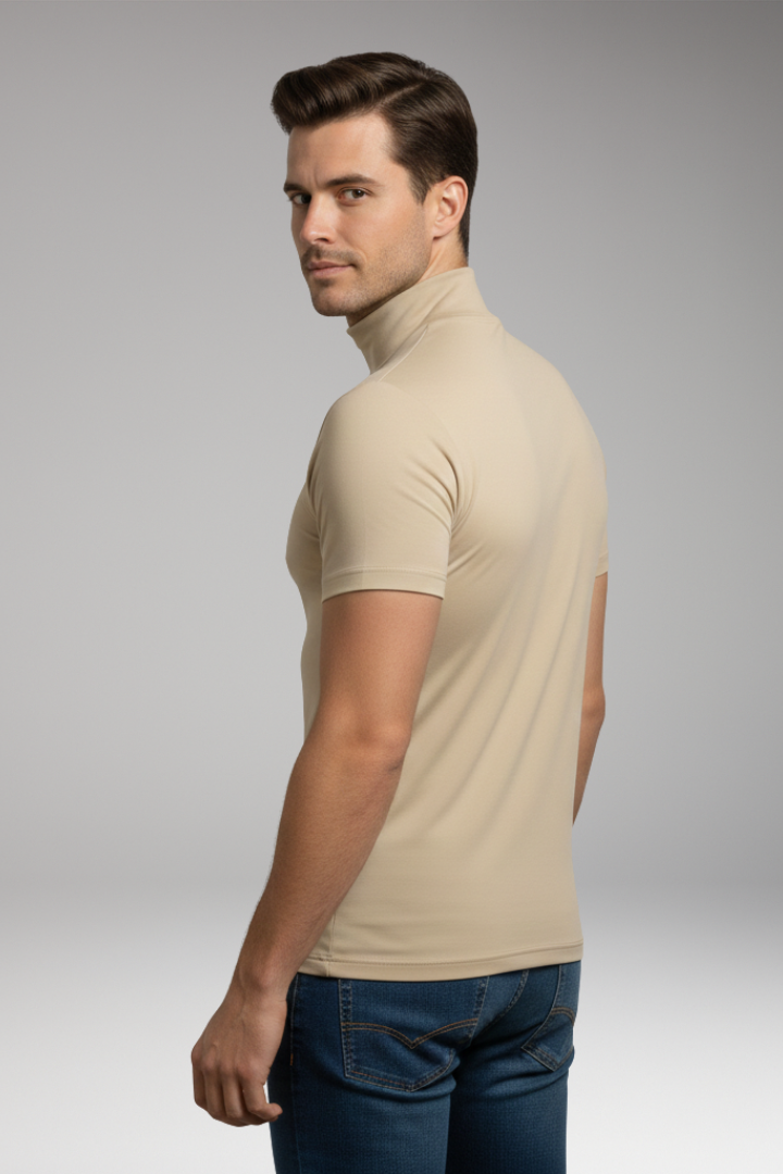 Men's Roll-Neck Shirt with Slim Fit and Short Sleeves