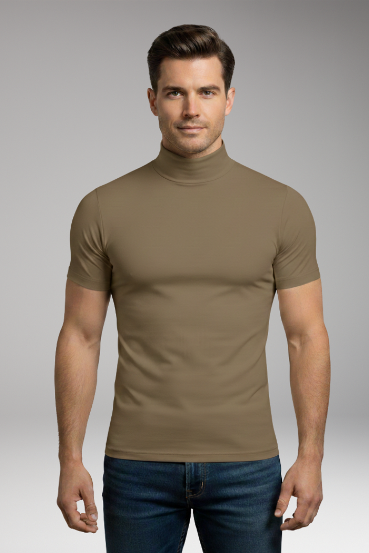 Men's Roll-Neck Shirt with Slim Fit and Short Sleeves