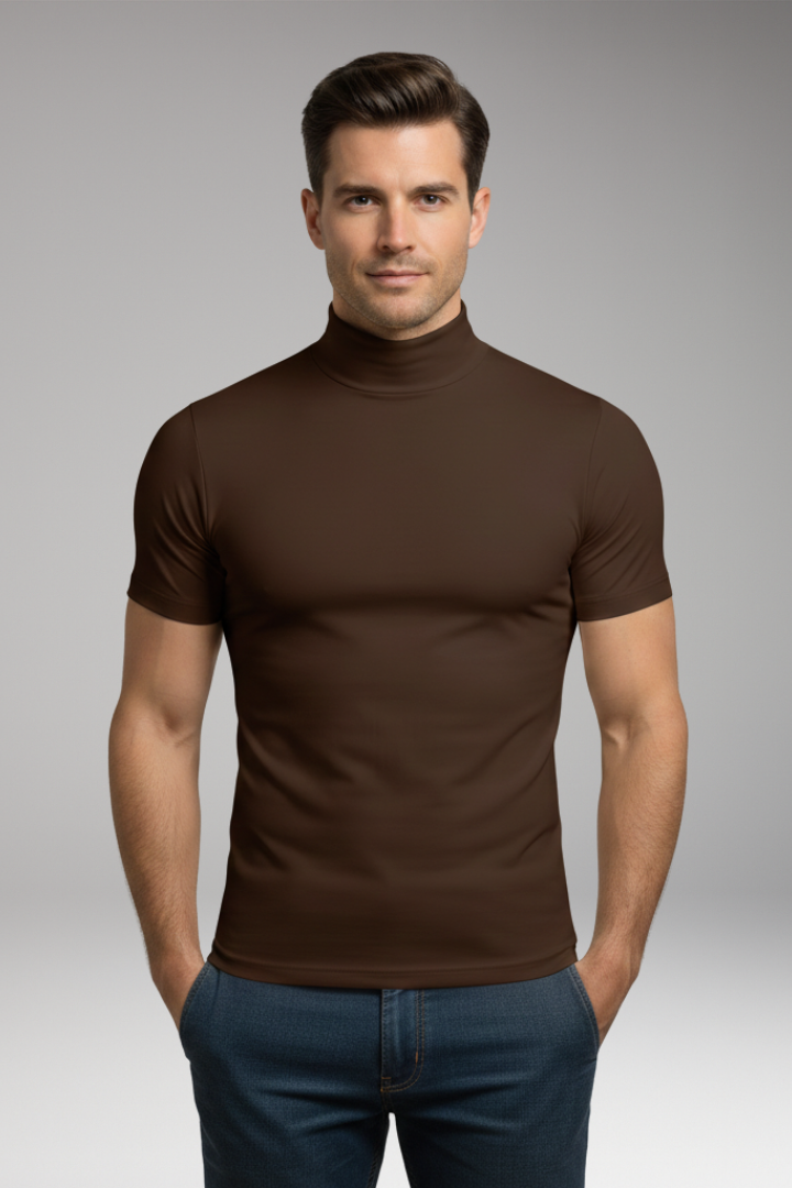 Men's Roll-Neck Shirt with Slim Fit and Short Sleeves