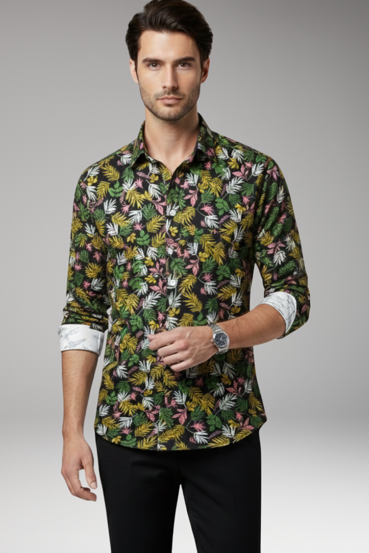 Men's Shirt with Floral Print and Button Front