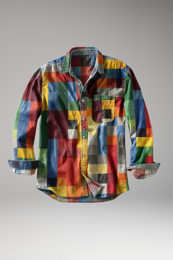 Men's Shirt with Patchwork Panels and Chest Pocket
