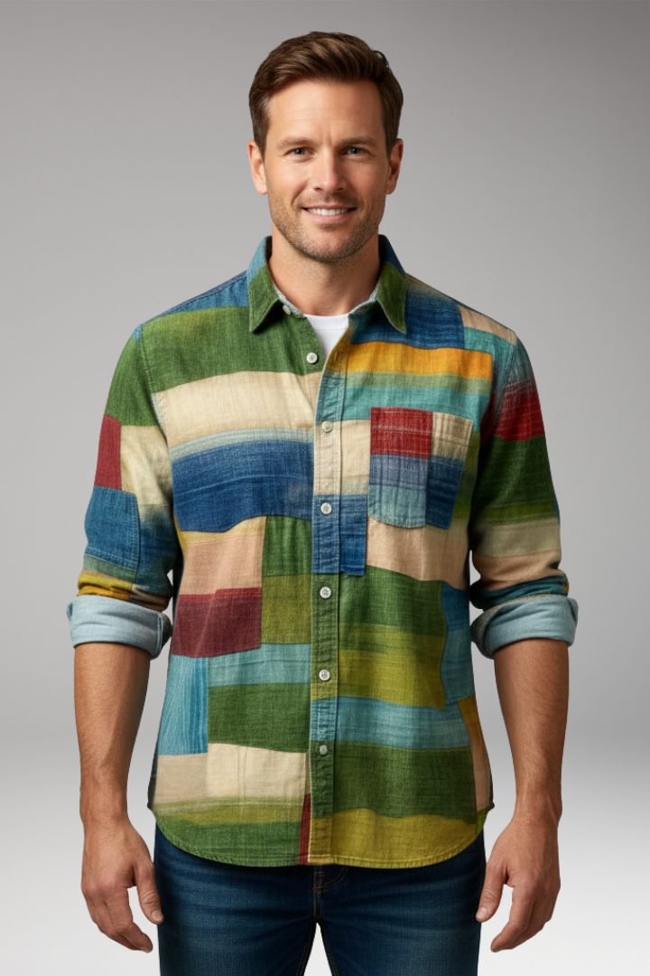 Men's Shirt with Patchwork Panels and Chest Pocket