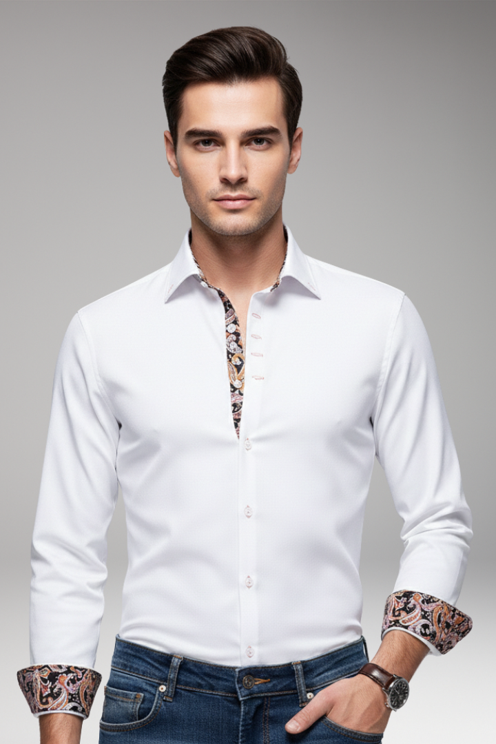 Men’s Shirt with Patterned Collar and Buttoned Cuffs