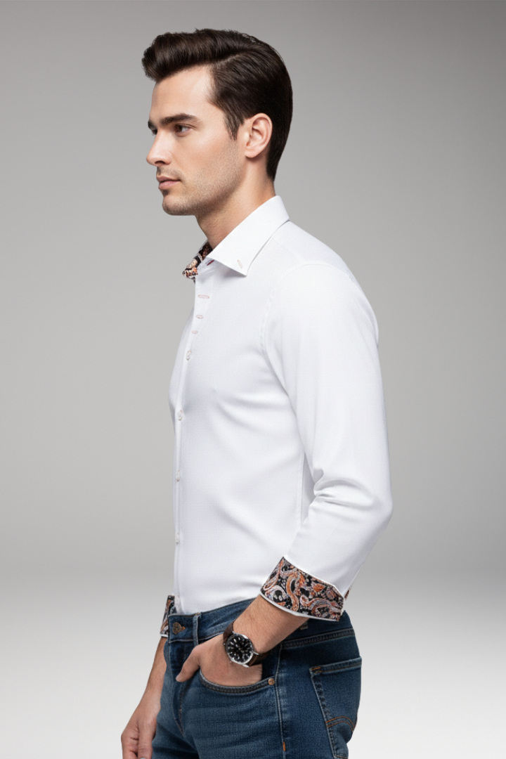 Men’s Shirt with Patterned Collar and Buttoned Cuffs