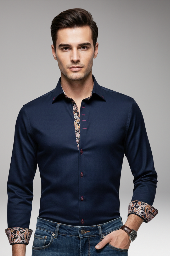 Men’s Shirt with Patterned Collar and Buttoned Cuffs