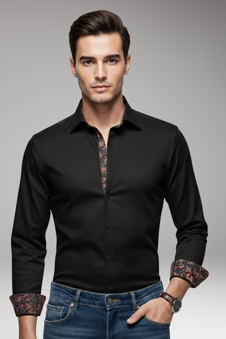 Men’s Shirt with Patterned Collar and Buttoned Cuffs