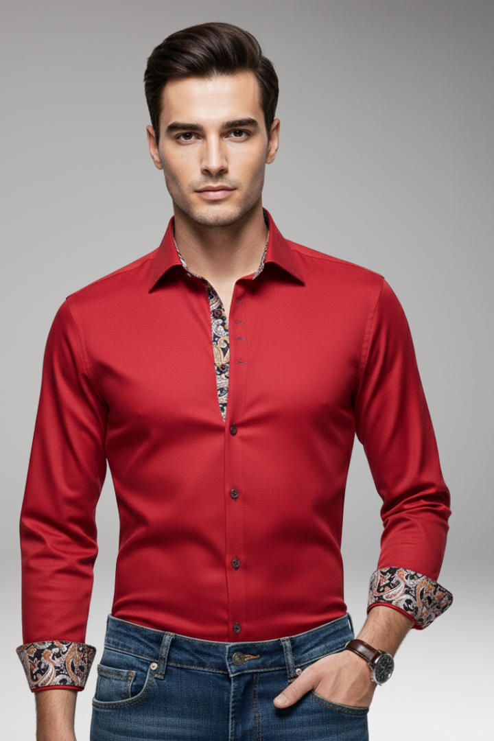 Men’s Shirt with Patterned Collar and Buttoned Cuffs