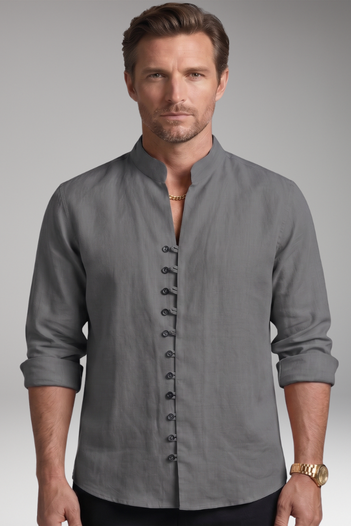 Men's Shirt with Stand-up Collar and Rollable Sleeves
