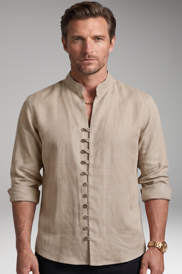 Men's Shirt with Stand-up Collar and Rollable Sleeves