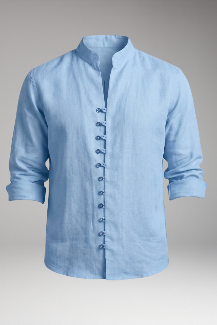 Men's Shirt with Stand-up Collar and Rollable Sleeves