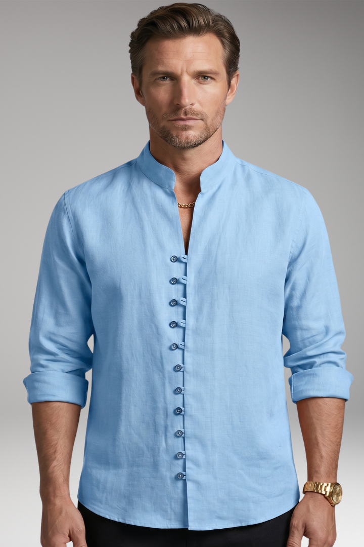 Men's Shirt with Stand-up Collar and Rollable Sleeves