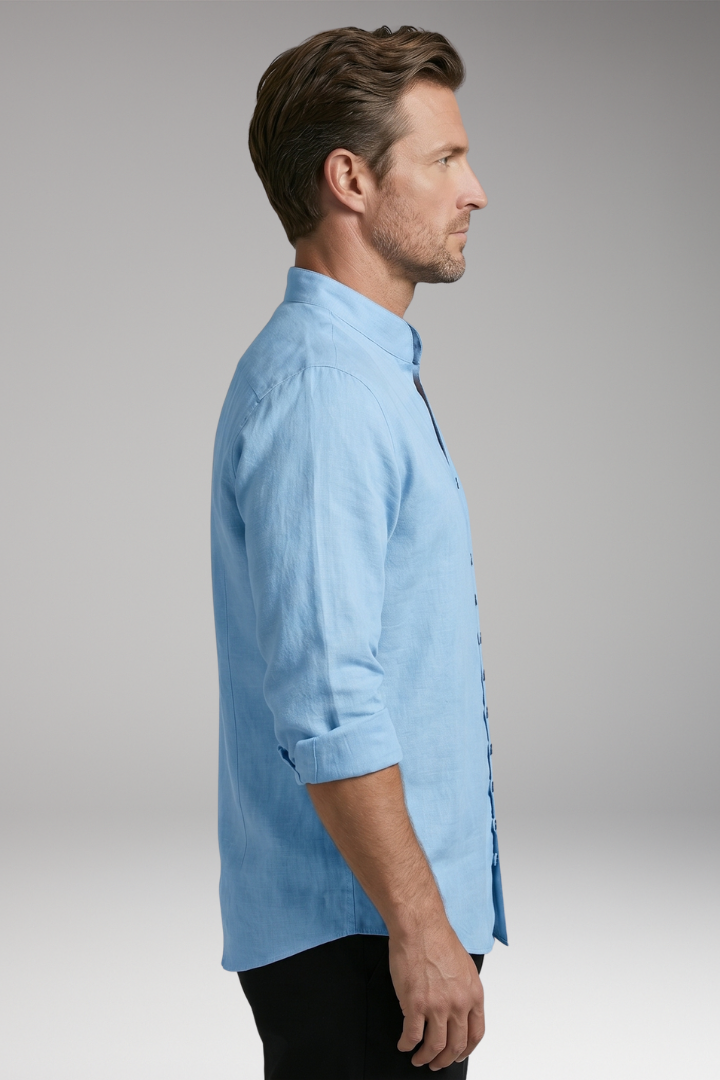 Men's Shirt with Stand-up Collar and Rollable Sleeves