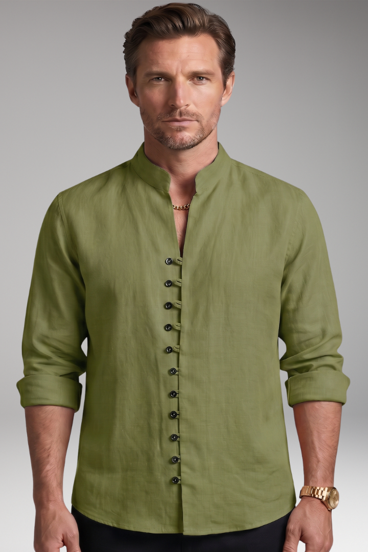 Men's Shirt with Stand-up Collar and Rollable Sleeves