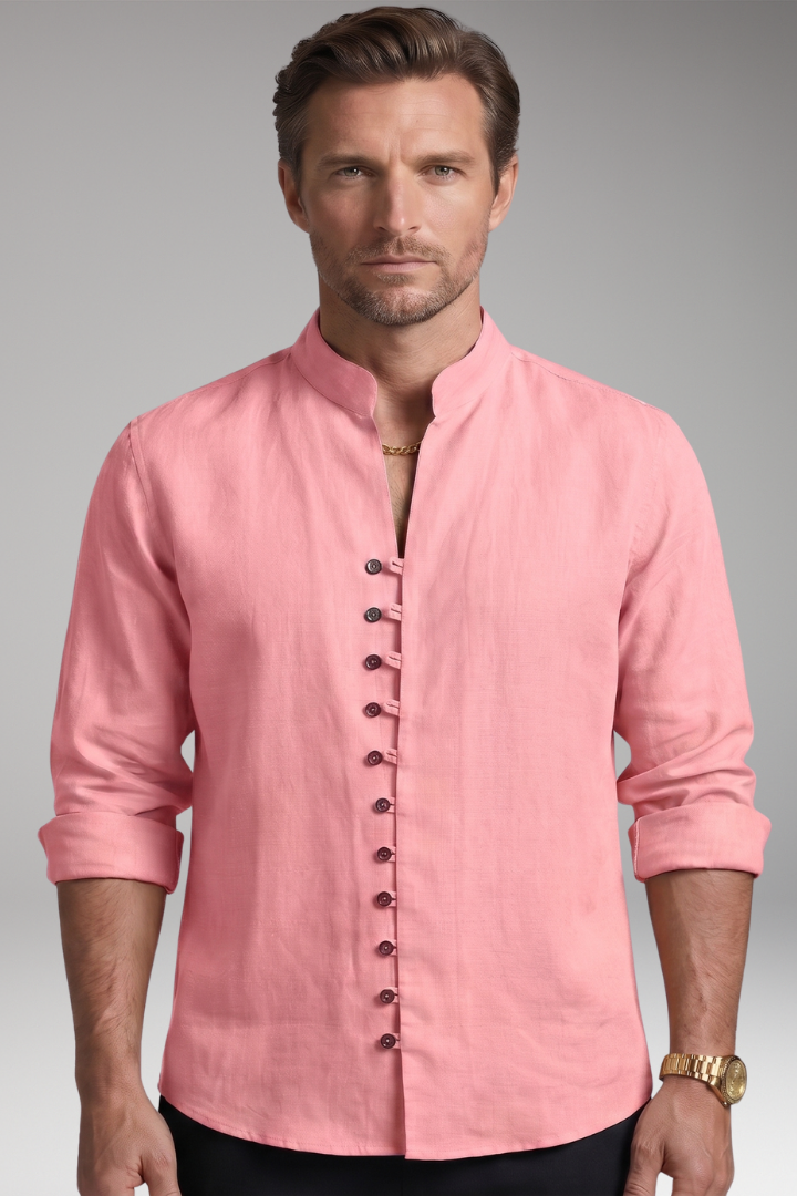 Men's Shirt with Stand-up Collar and Rollable Sleeves