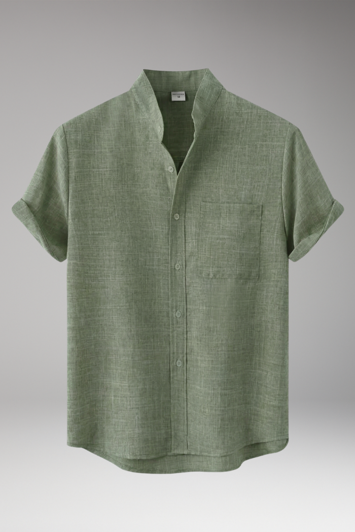 Men's Short-Sleeved Linen Shirt with Stand-Up Collar and Rolled Sleeves