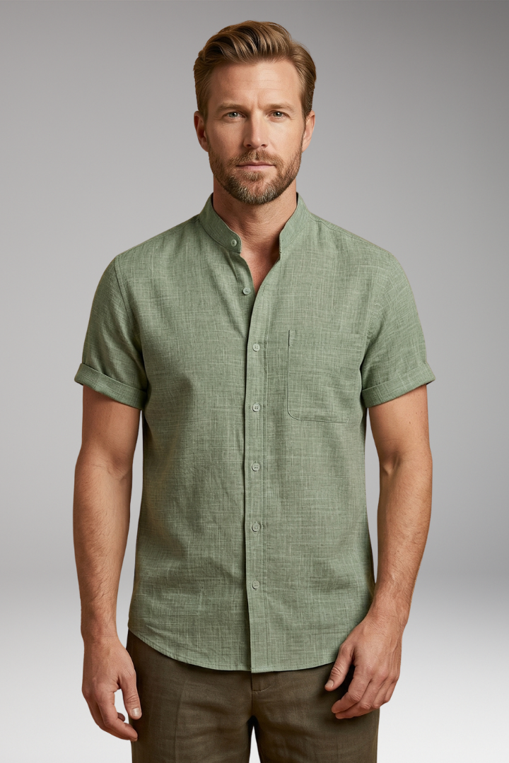 Men's Short-Sleeved Linen Shirt with Stand-Up Collar and Rolled Sleeves